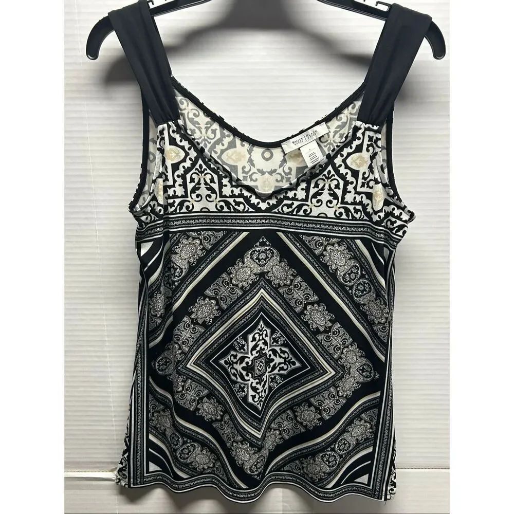 White House Black Market Scarf Print Tank Top Size S Black White V-Neck Shell